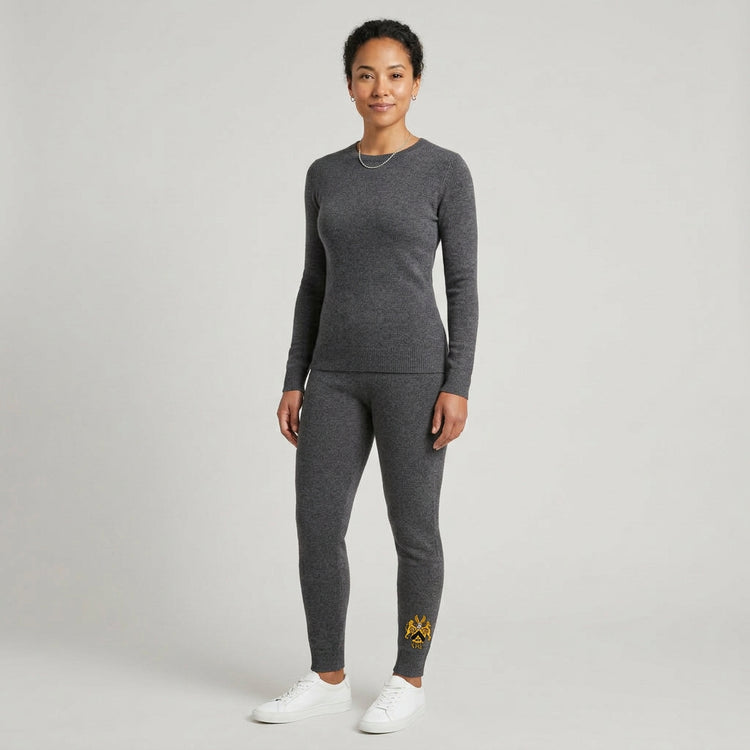 Genuine two-piece cashmere long-john base-layer set with official crest on lower-left leg