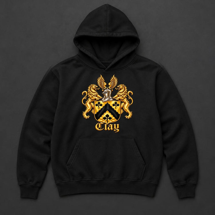 Full supplied gold lion crest centered on the chest, below the neckline and above the hoodie pocket