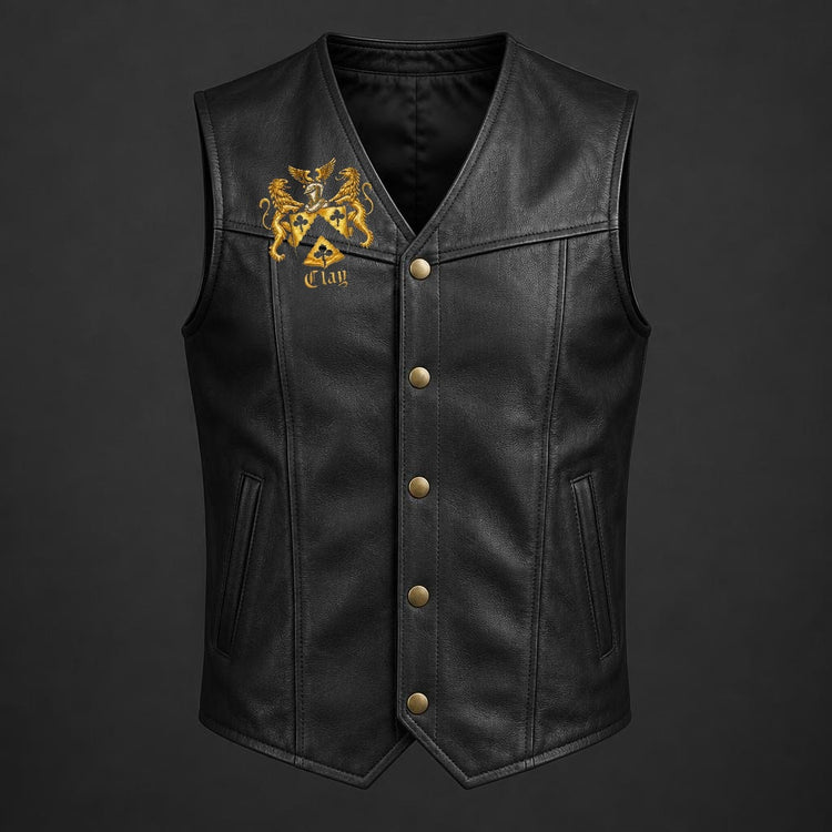 Black full-grain leather vest with the official Lion’s Crest