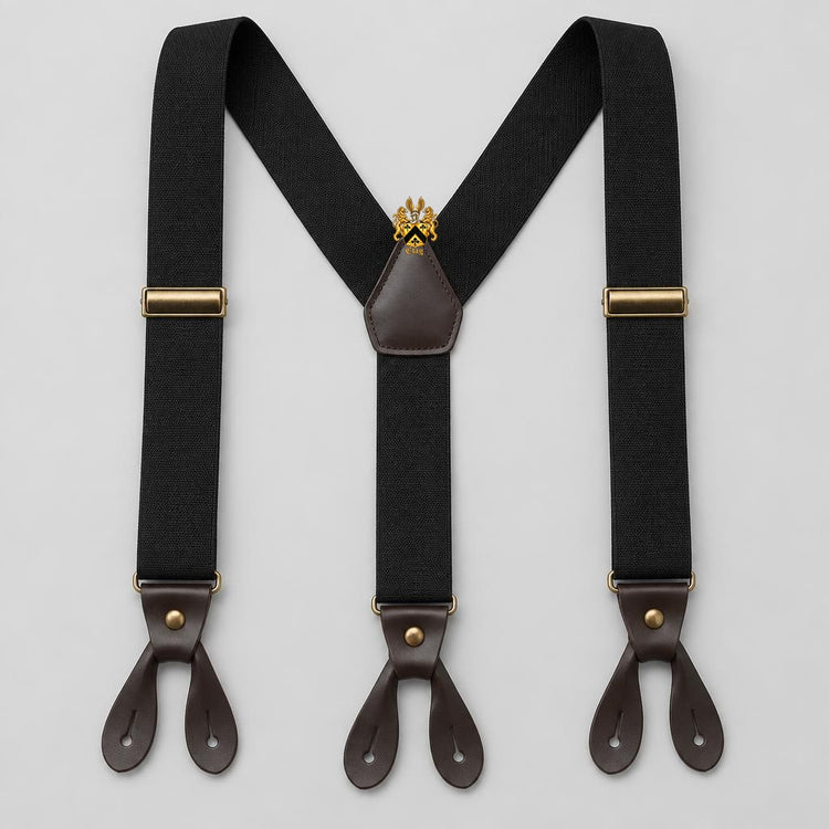 Black adjustable Y-back suspenders with brass hardware, leather button tabs, and the official full Lion’s Crest