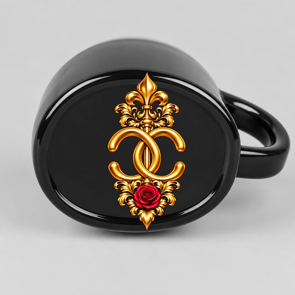 Bottom of the oval mug with the gold rose CC crest