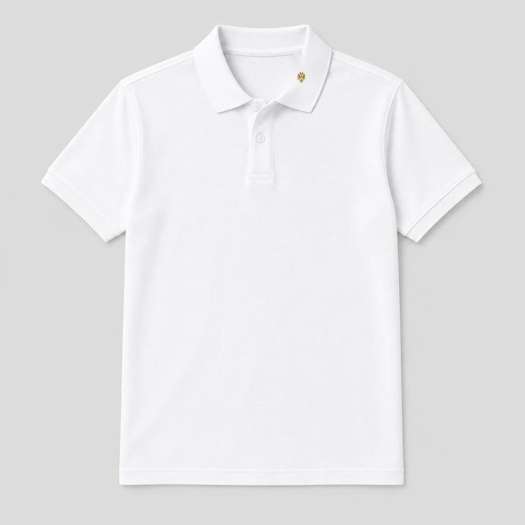 White organic cotton polo with the original gold Clay crest embroidered at approximately half an inch on the collar