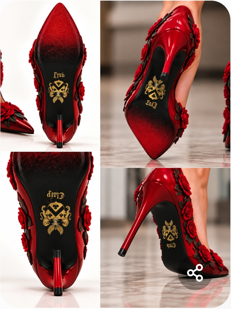 Four views of red rose stilettos with the left shoe crests reversed to the requested direction