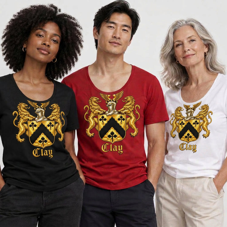 Scoop neck tees with the gold Clay crest