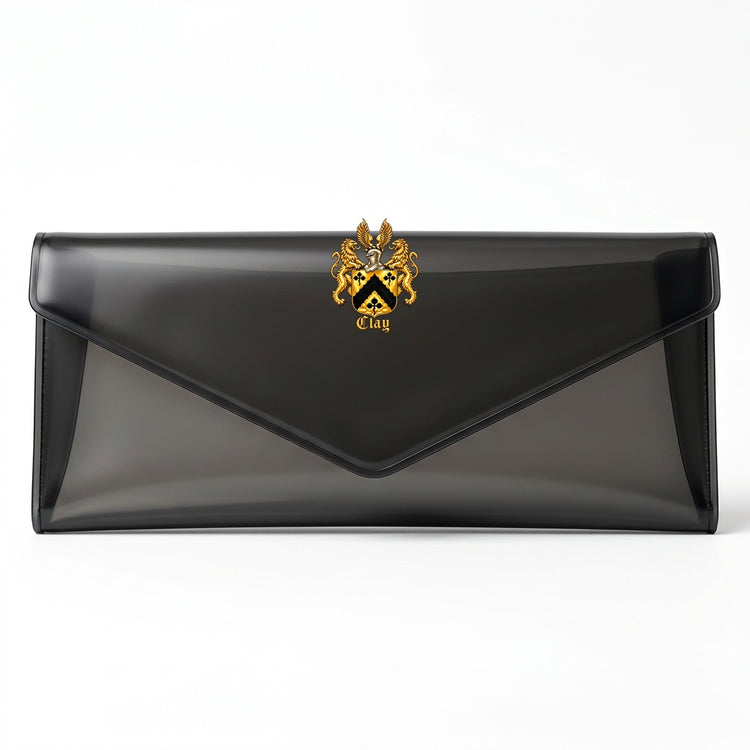 Black translucent TPU envelope clutch with the official gold Lion’s Crest