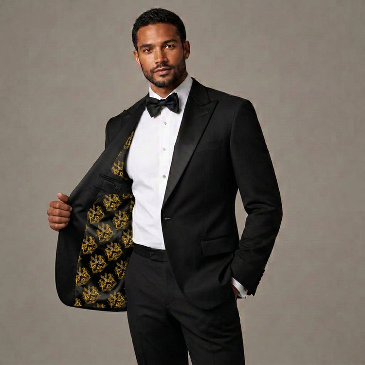 Tuxedo jacket with crest-patterned lining