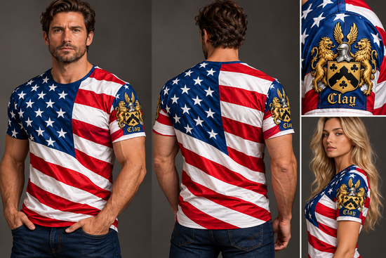American flag shirt reference showing the Clay coat of arms