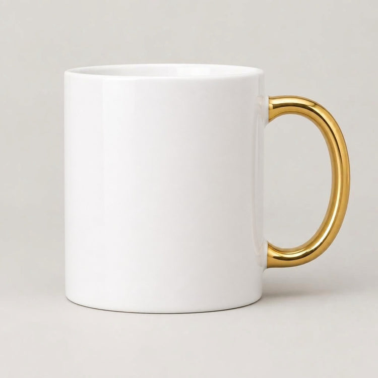 White mug with gold handle