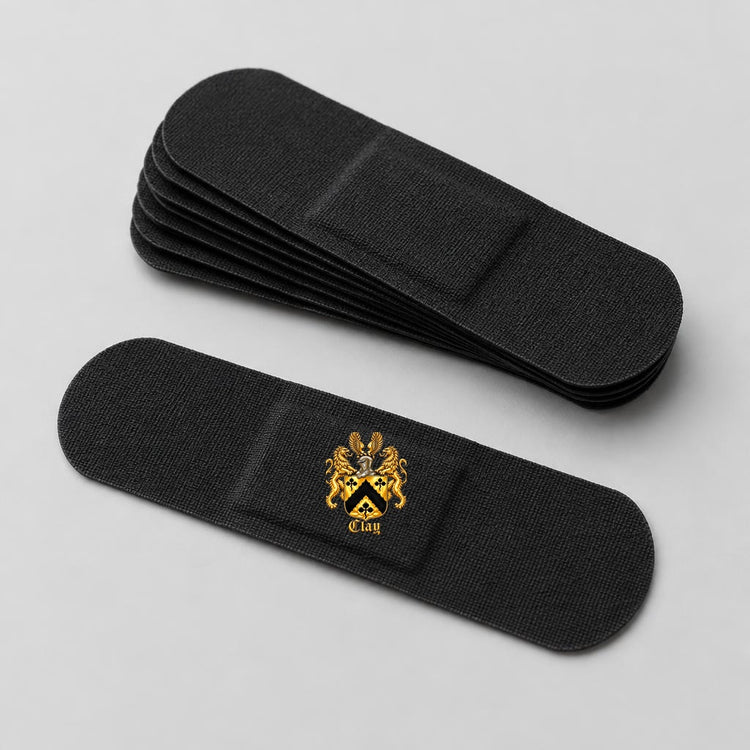 Black adhesive bandages with the gold Clay crest