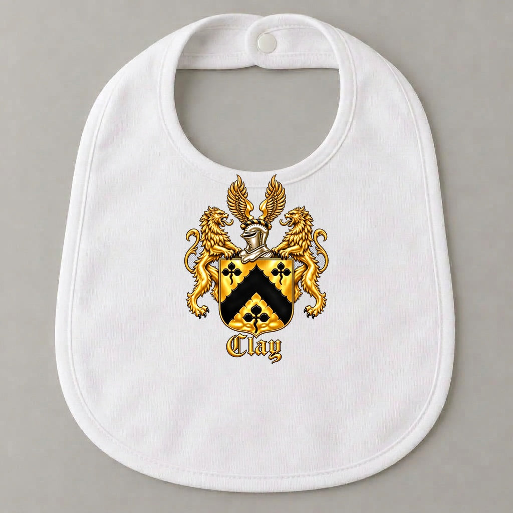 White organic cotton baby bib with the complete gold Clay crest centered on the front