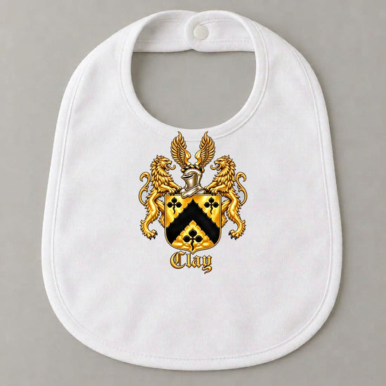 White organic cotton baby bib with the complete gold Clay crest centered on the front
