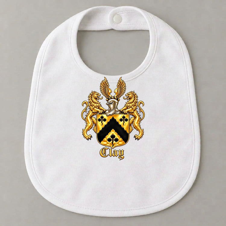 White organic cotton baby bib with the complete gold Clay crest centered on the front