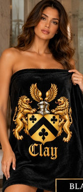Black crest towel, front