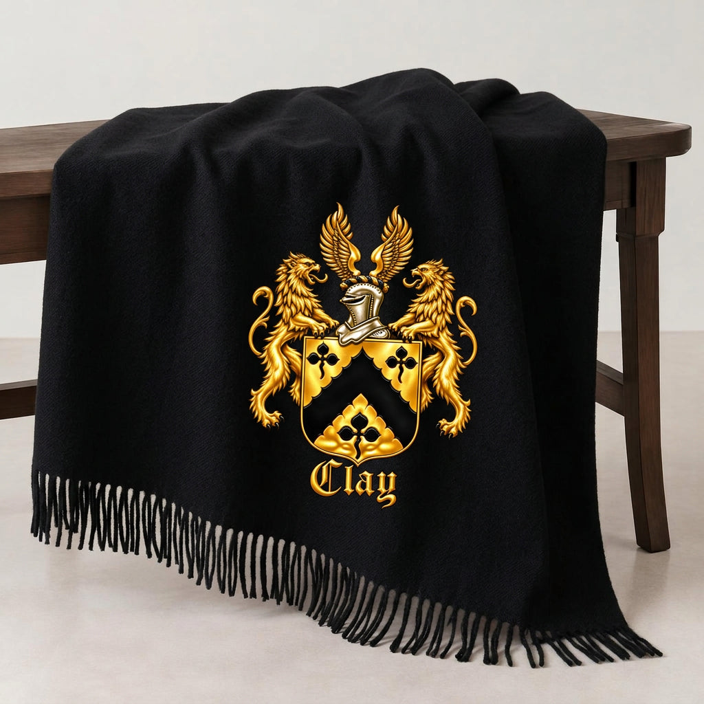 Black wool blanket draped over a chair with the official gold and black Lion&