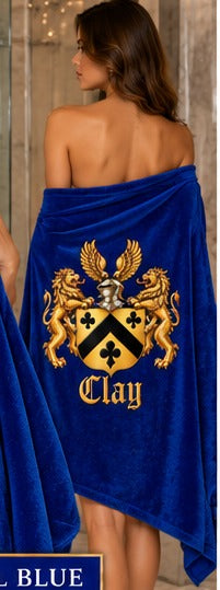 Royal blue crest towel, back