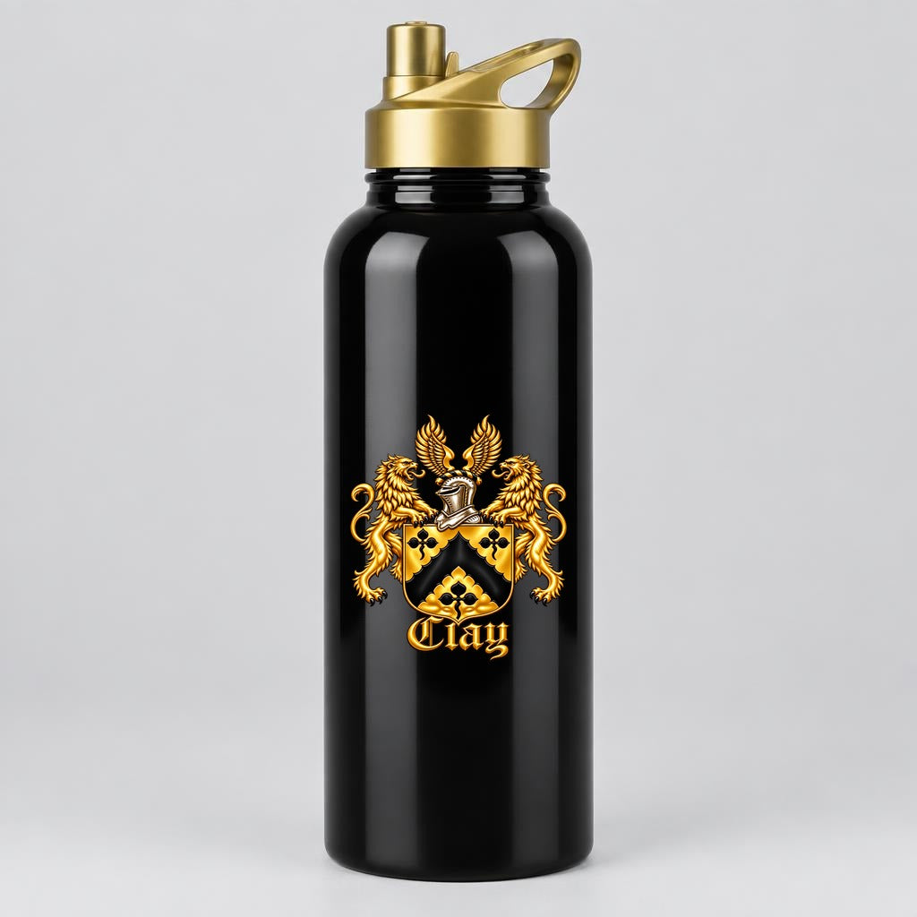 32 oz black water bottle with gold sport cap and the gold lion crest