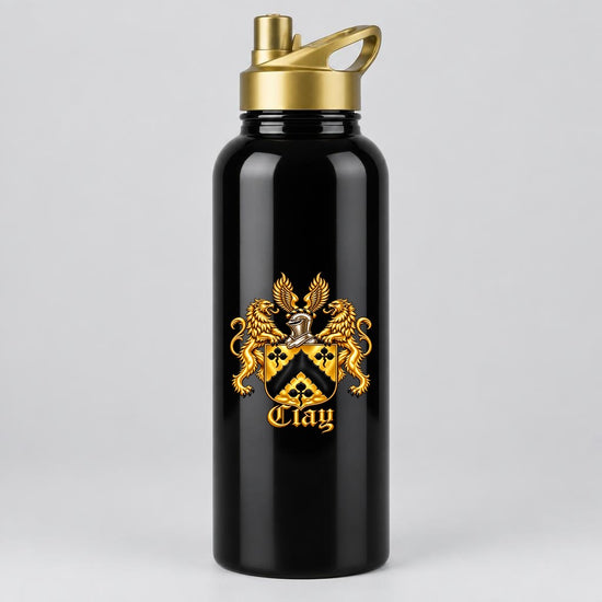 32 oz black water bottle with gold sport cap and the gold lion crest