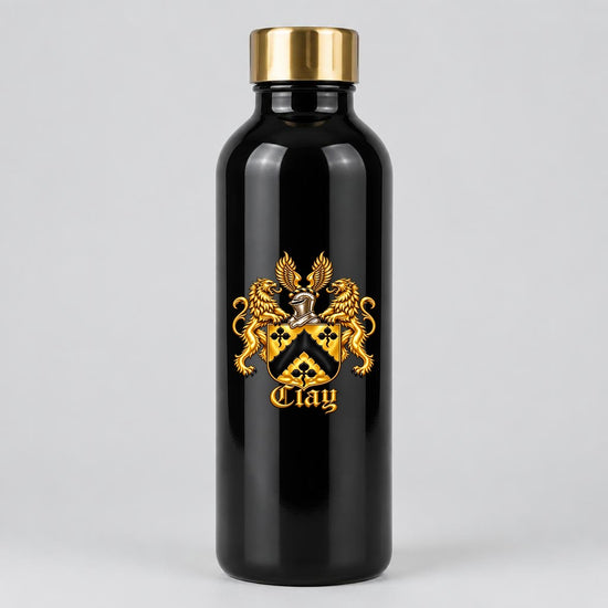 Large 40 oz black water bottle with gold cap and the gold lion crest