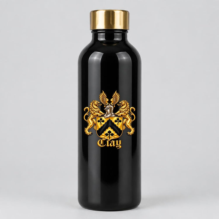 Large 40 oz black water bottle with gold cap and the gold lion crest