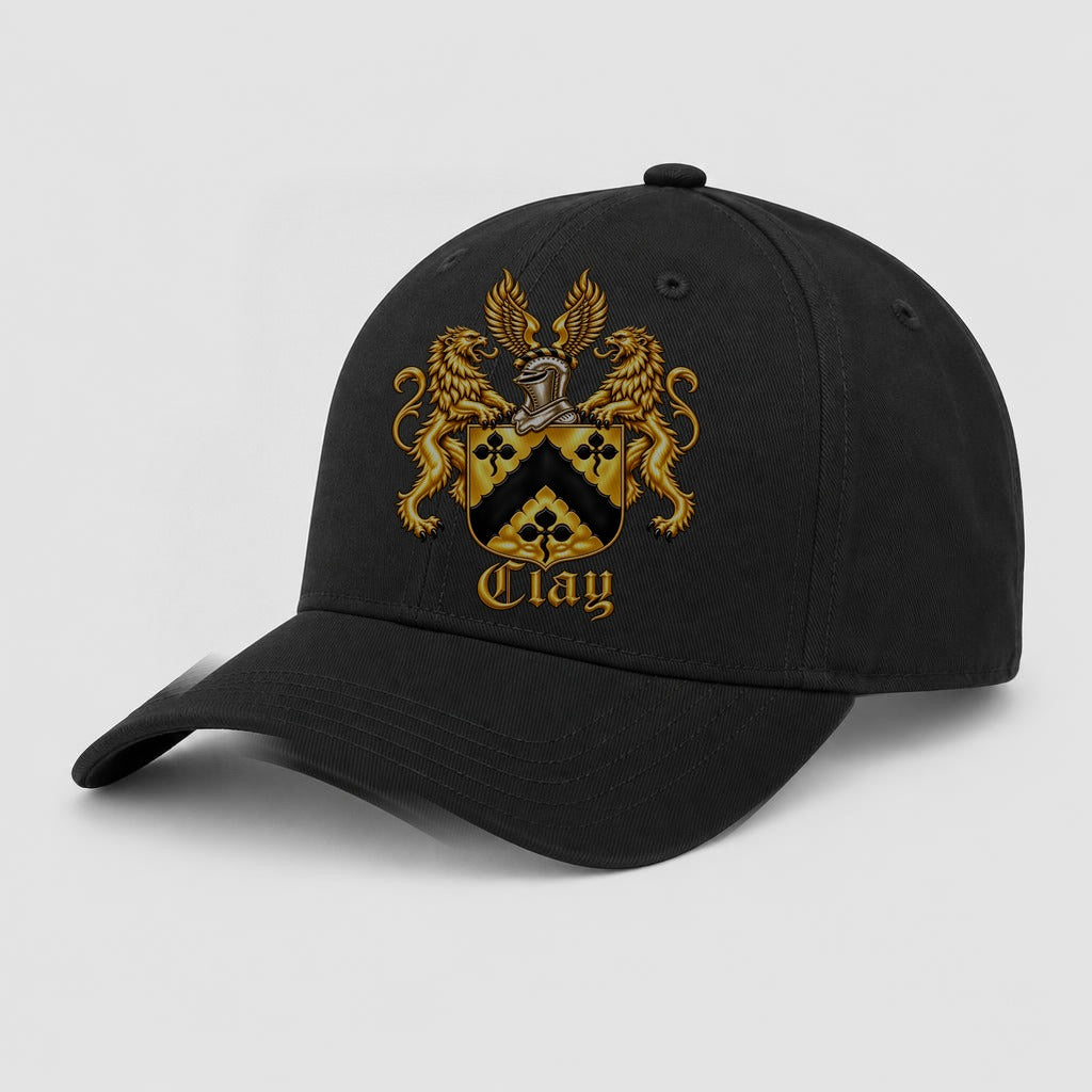 Black cap with the official gold Clay crest centered on the front panel
