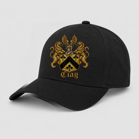 Black cap with the official gold Clay crest centered on the front panel