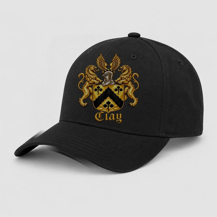 Black cap with the official Clay crest centered on the front panel