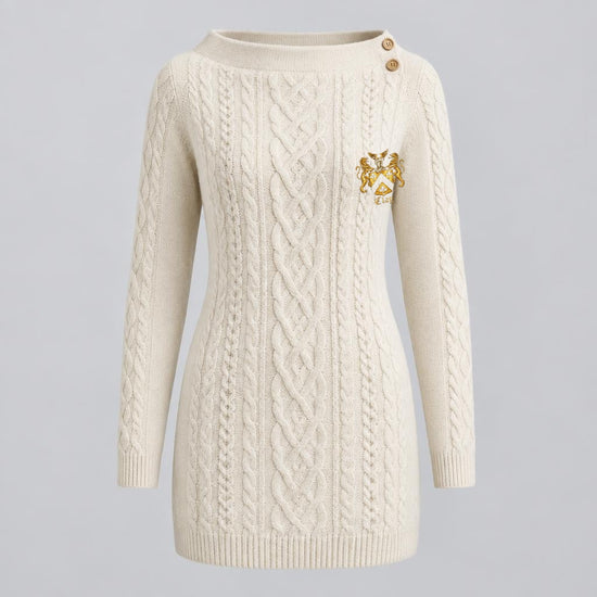 Ivory cashmere Aran tunic with wooden collar buttons and official Lion&