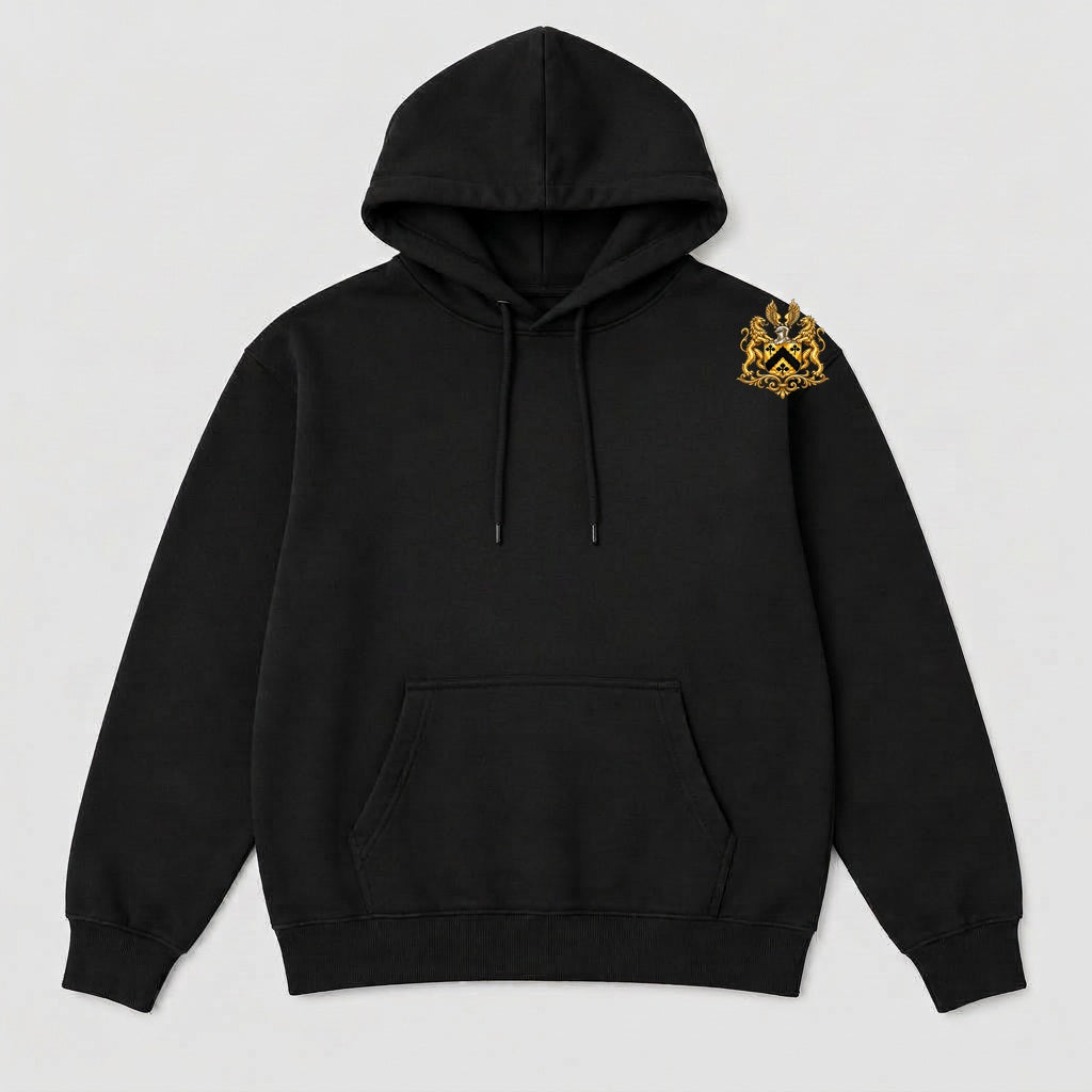 Black cashmere zip jacket with small gold crest