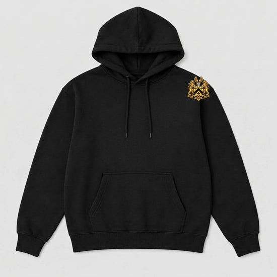 Black cashmere zip jacket with small gold crest