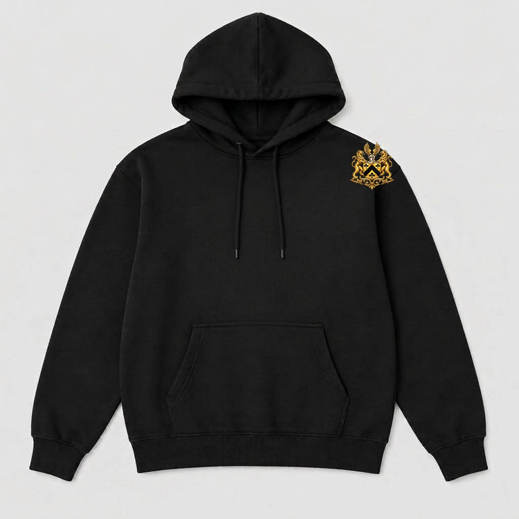 Black cashmere zip jacket with small gold crest