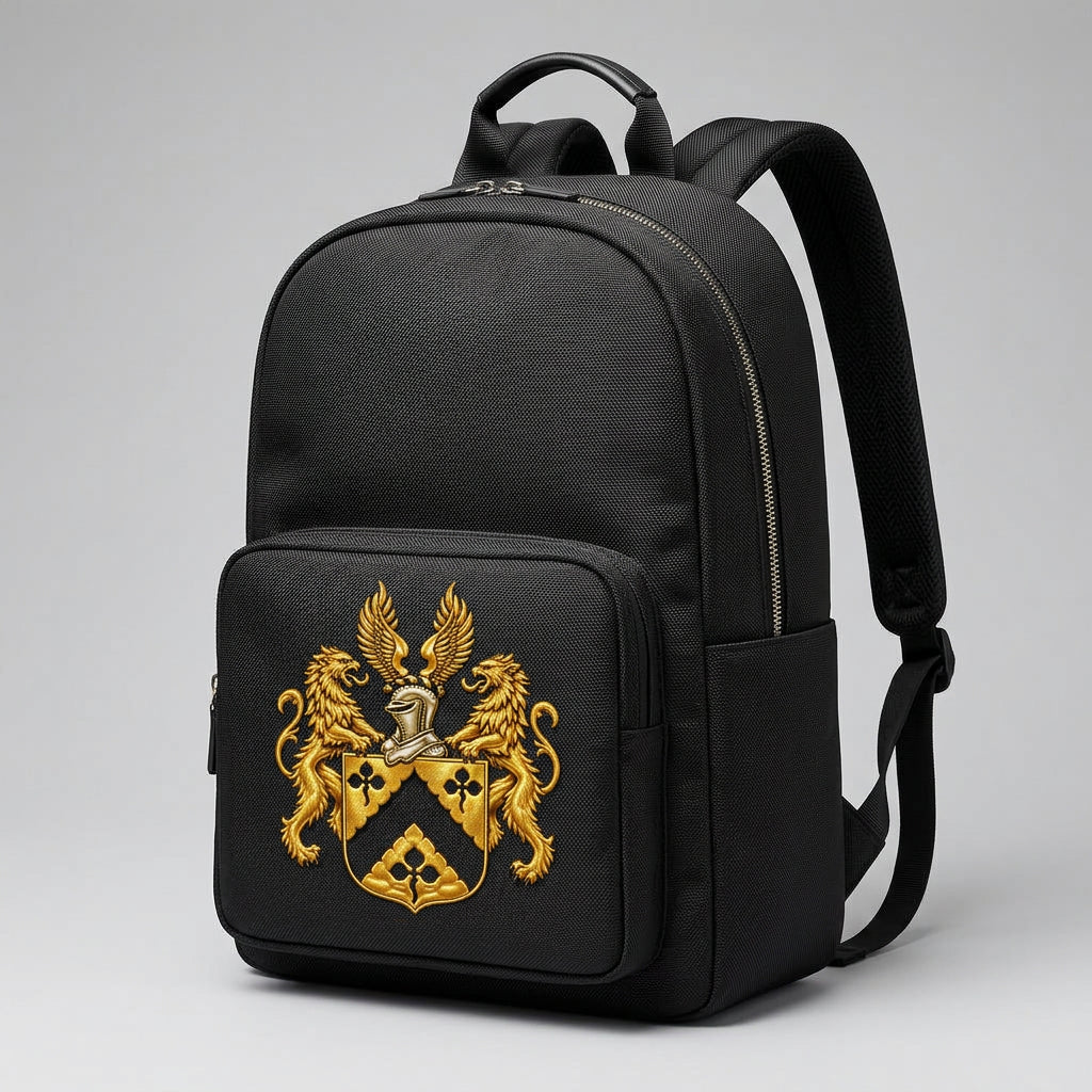 Black structured backpack embroidered with the official gold Lion&