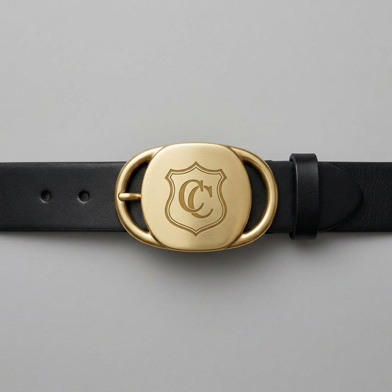 CC Closet Leather Belt with gold CC crest