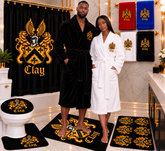 Coordinated Clay crest bath collection with robes, towels and bath accessories
