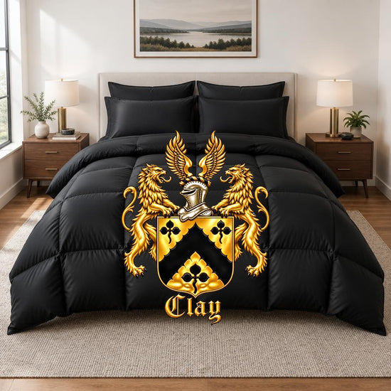 Black 750-fill down comforter on a bed with the official Lion&