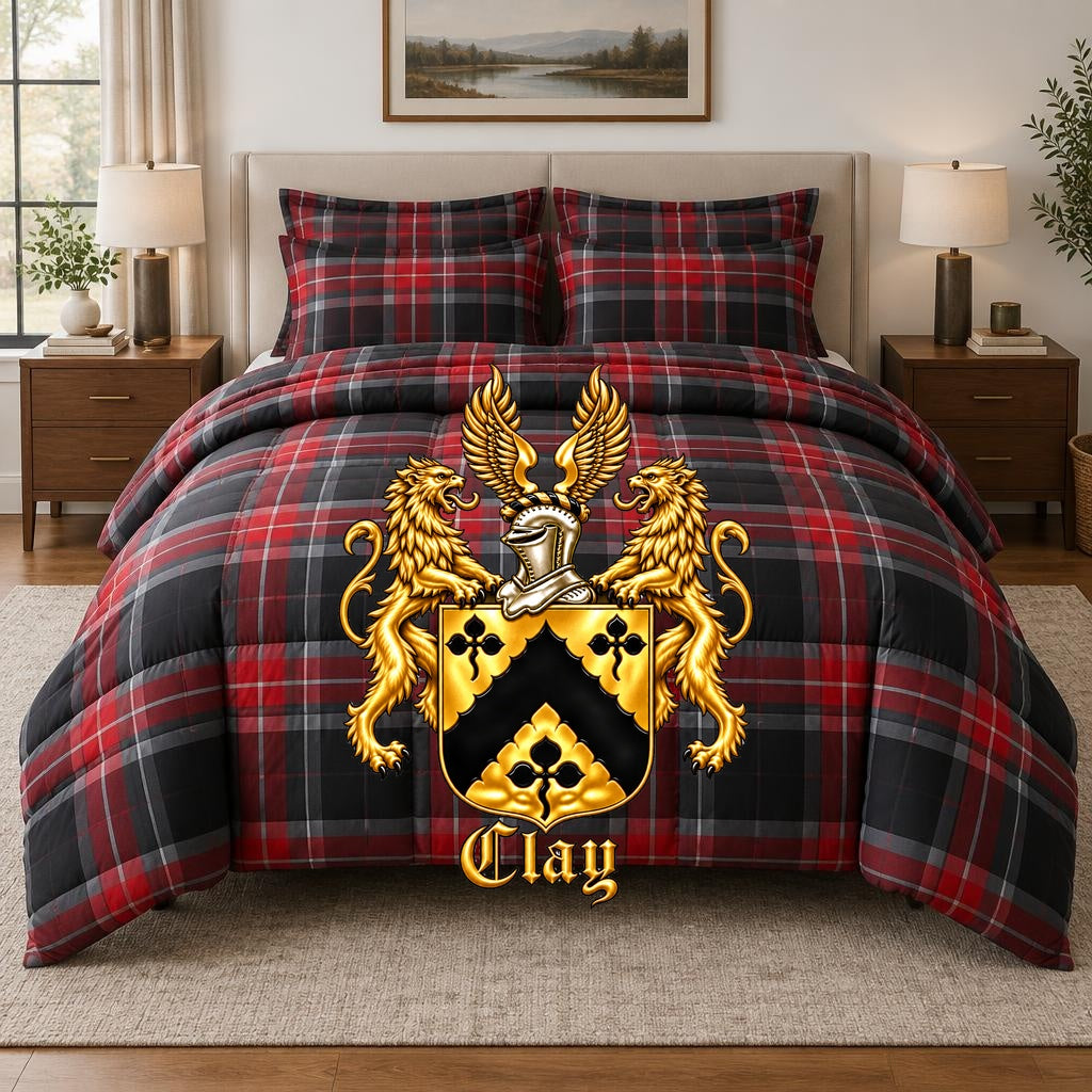 Clay tartan 750-fill down comforter on a bed with the official Lion&