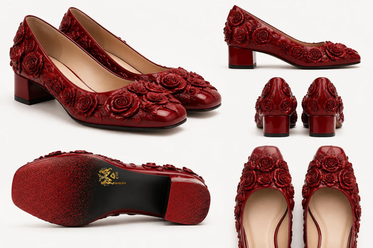 Derby 154 red-rose square-heel shoes with official Lion&