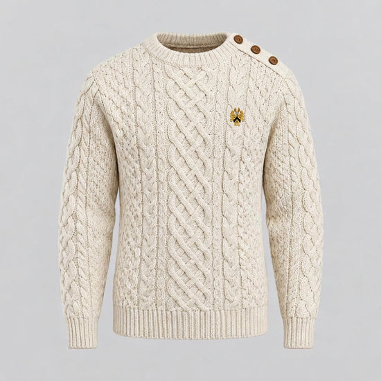 Cable-knit fisherman sweater with the full official Lion&