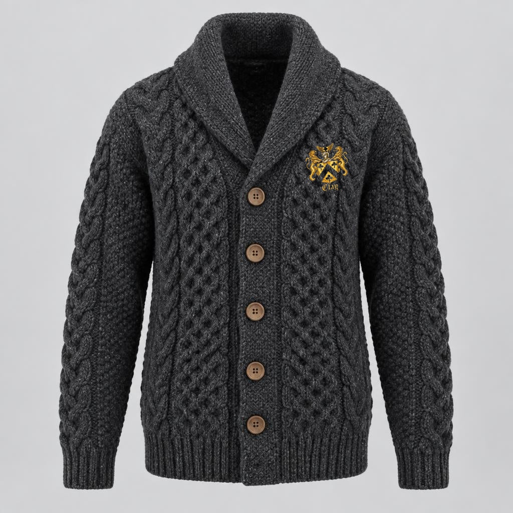 Heavy charcoal wool fisherman cardigan with wooden buttons and official Lion&