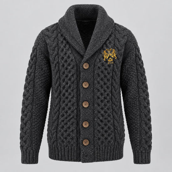Heavy charcoal wool fisherman cardigan with wooden buttons and official Lion&