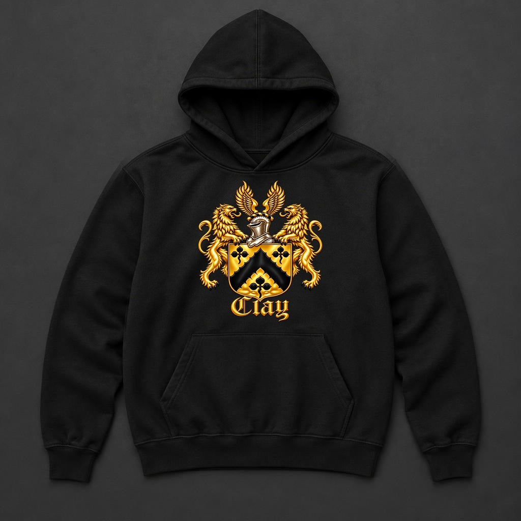 Full supplied gold lion crest centered on the chest, below the neckline and above the hoodie pocket