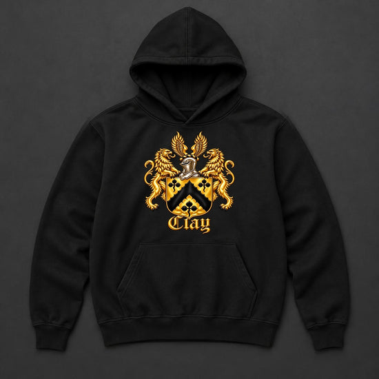 Full supplied gold lion crest centered on the chest, below the neckline and above the hoodie pocket