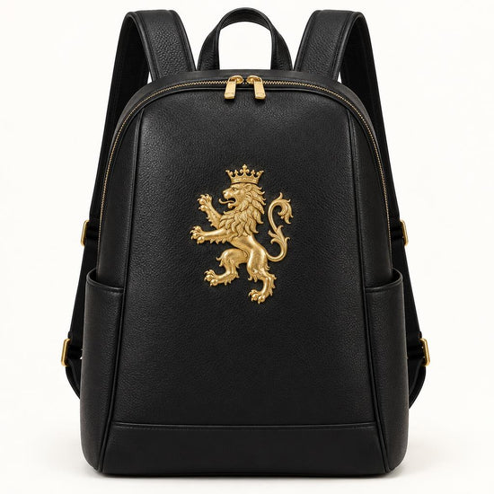 Black leather two-strap backpack with gold Lion&