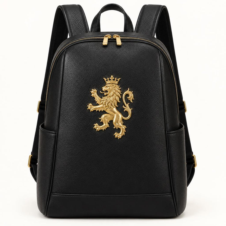 Black leather two-strap backpack with gold Lion&