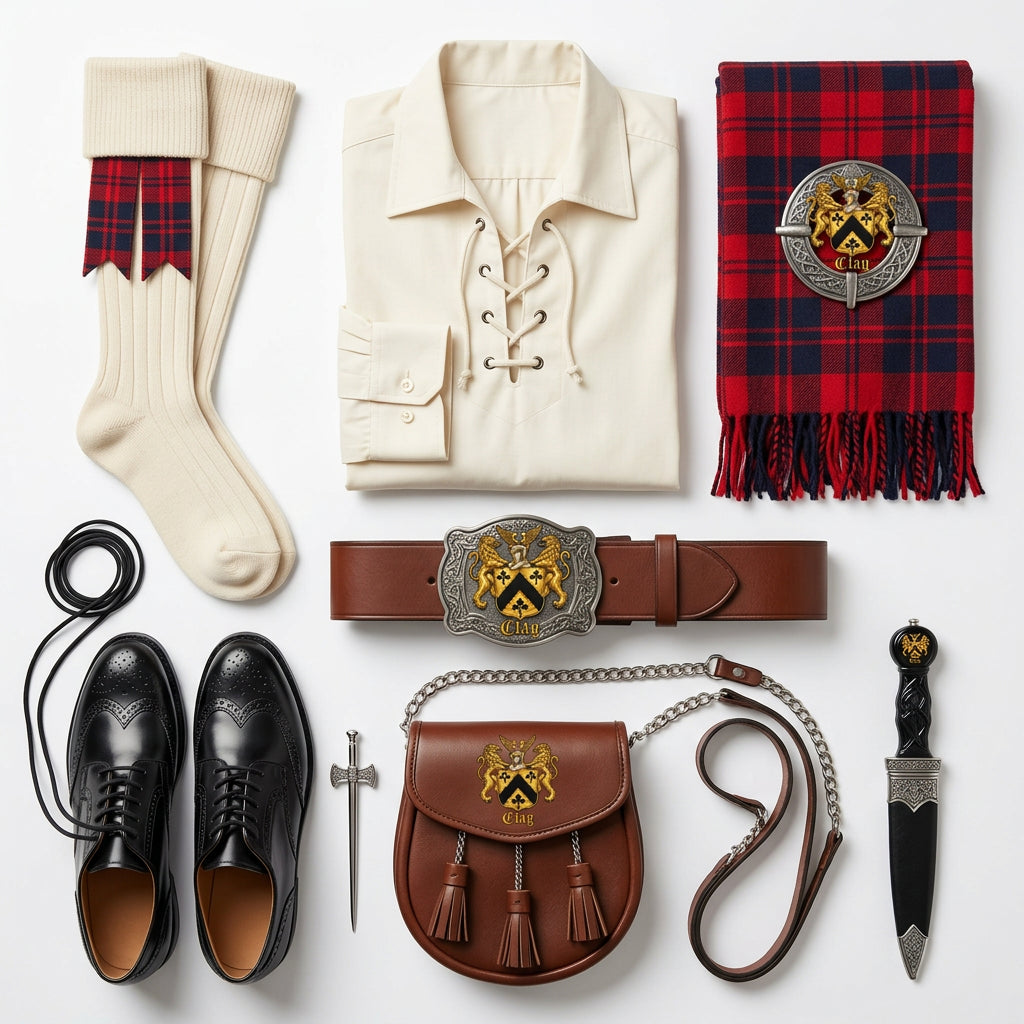 Clay tartan fly plaid and brooch with official Lion&
