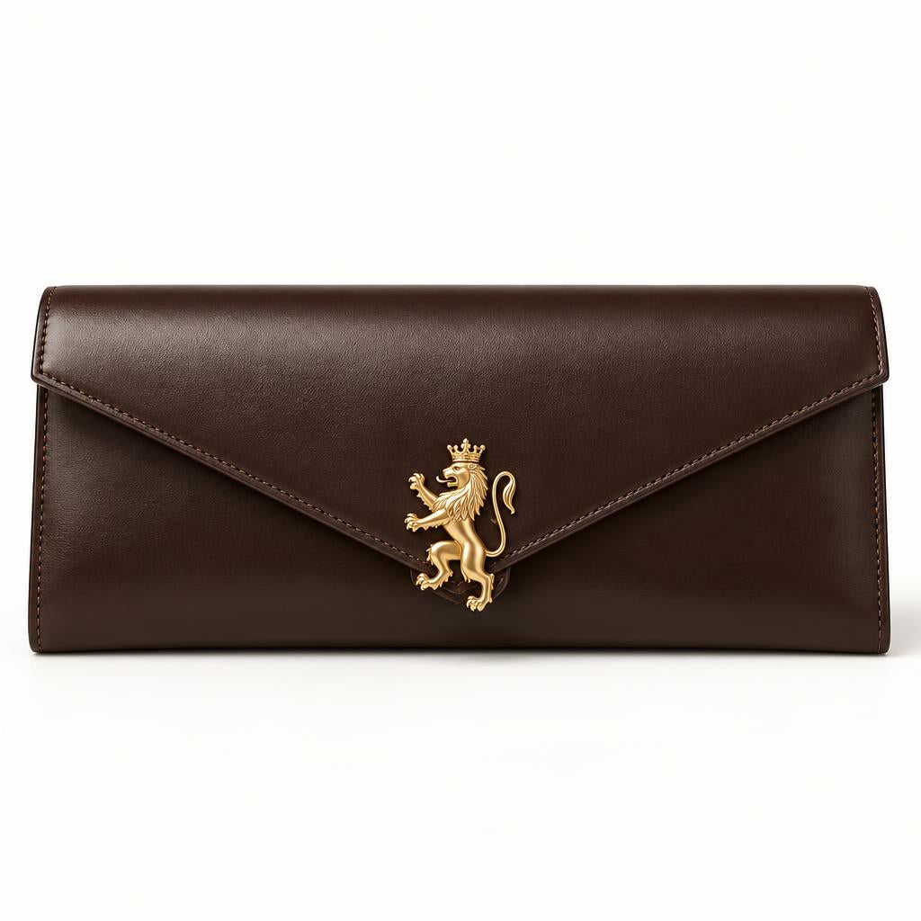 Dark-brown leather envelope purse with gold Lion&