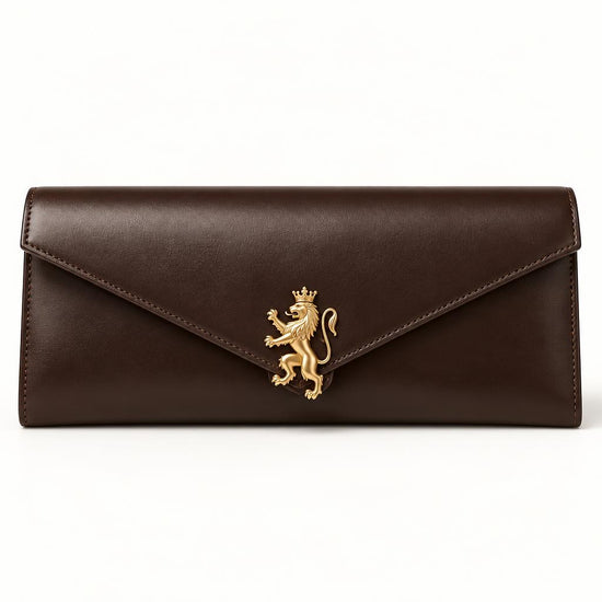Dark-brown leather envelope purse with gold Lion&
