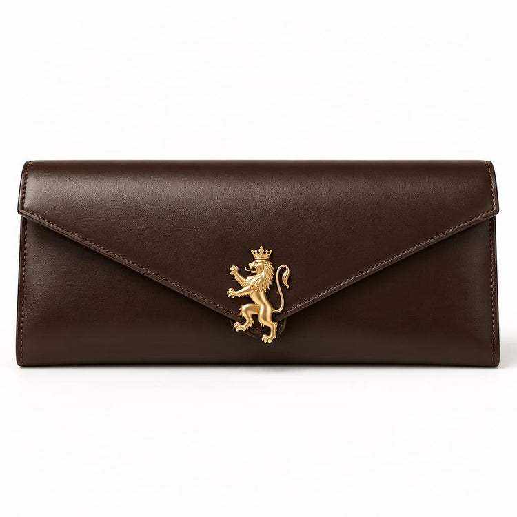 Dark-brown leather envelope purse with gold Lion&