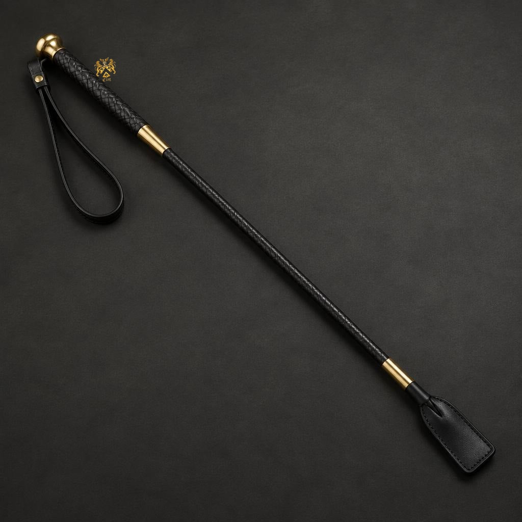Braided black leather horse-riding whip with brass fittings and official Lion’s Crest handle stamp