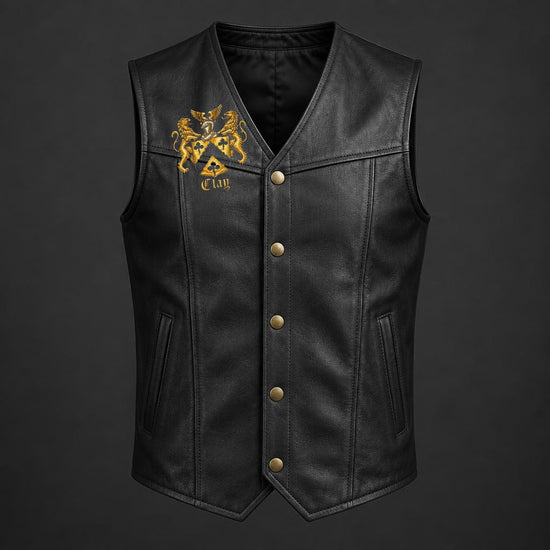 Black full-grain leather vest with the official Lion’s Crest