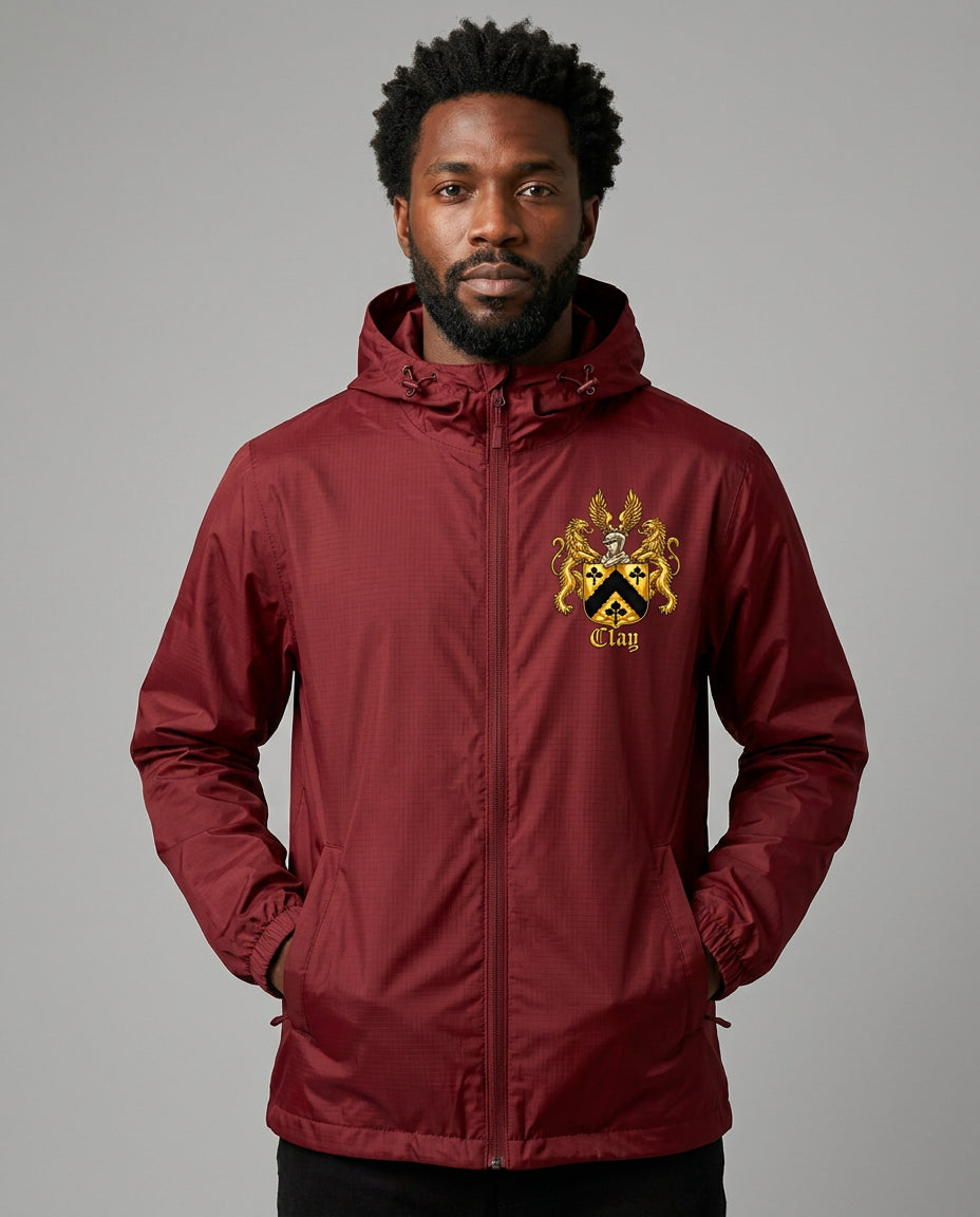 Oxblood packable waterproof hooded rain jacket with the official gold Lion&